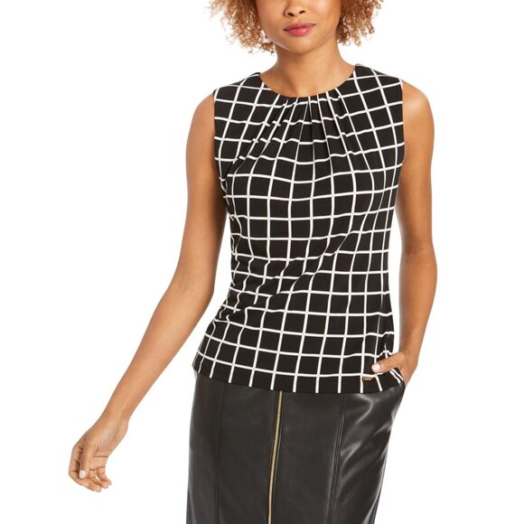 NWT Calvin Klein Womens Printed Pleat-Neck Blouse CSE1676F Black / Cream XL - Picture 1 of 7